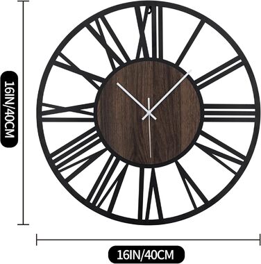 HAITANG Round Wall Clock, Black, 34 cm, for Living Room, Decoration, Vintage Style, Roman Numerals, Silent, Non-Ticking, Wall Clocks for Home, Garden, Office, Cafe Decoration (40 cm, Black)