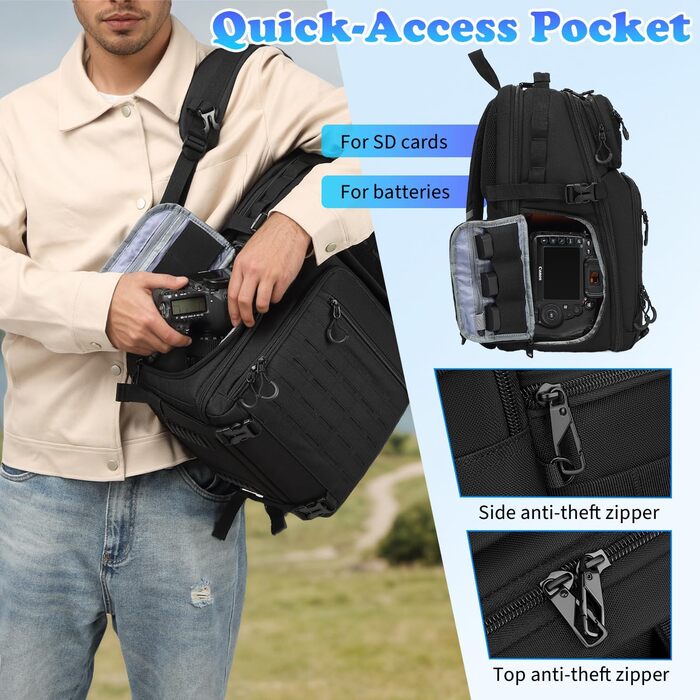 Рюкзак для камери FRETHIND: водонепроникний фоторюкзак для Canon, Nikon, Sony, дрона, об'єктива та ноутбука (з дощовиком), чорний