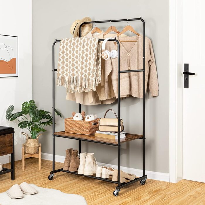 HOOBRO Clothes Rack with Wheels, Heavy Duty Clothes Rod, Garment Rack with 2 Clothes Rods and Shelf, Up to 100 kg Load Capacity, for Bedroom, Hallway, Dark Brown-Black EBF22LY01