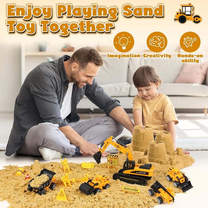 Subtail Magic Sand for Kids - 6 Construction Vehicles | 16 Castle Shapes | 18 Traffic Signs - Kinetic Sand Play Sand, Foldable Sandbox - Gifts for Boys and Girls Ages 3, 4, 5