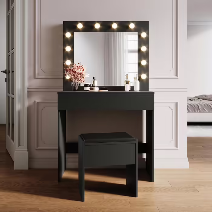 Туалетний столик SONNI з LED-підсвіткою, дзеркалом HD, 3 кольори, 10 рівнів яскравості, з шухлядами, чорний, 80x40x140 см – косметичний стіл для спальні