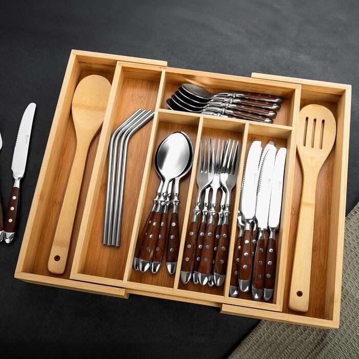 Органайзер для столових приборів Gräwe з бамбука для кухонних шухляд, змінний, розсувний 28.5-40.5 см, дерев'яний вигляд
