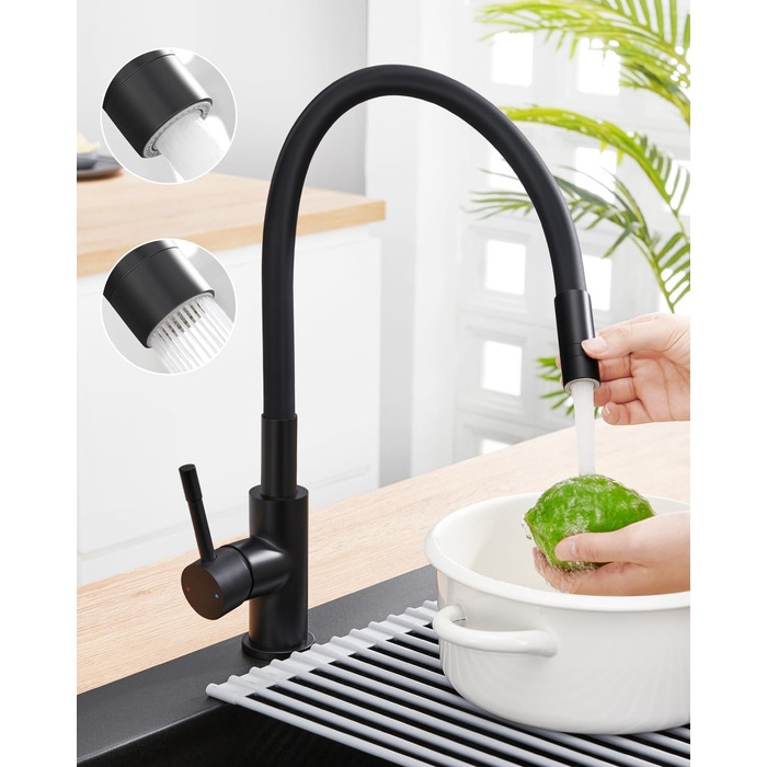 Змішувач для кухні гнучкий чорний, нержавіюча сталь, 2 режими струменя, 360° поворот, кухонний змішувач, преміум якість