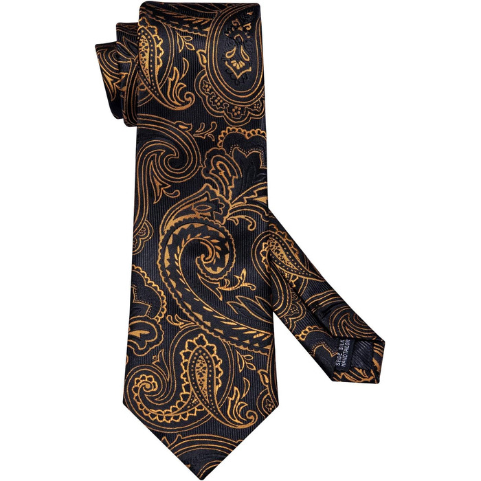 Набір краватки, кишенькового хустинки та запонок Barry.Wang: Шовкова краватка з квітковим візерунком Paisley, чорно-золота, для весілля та свят