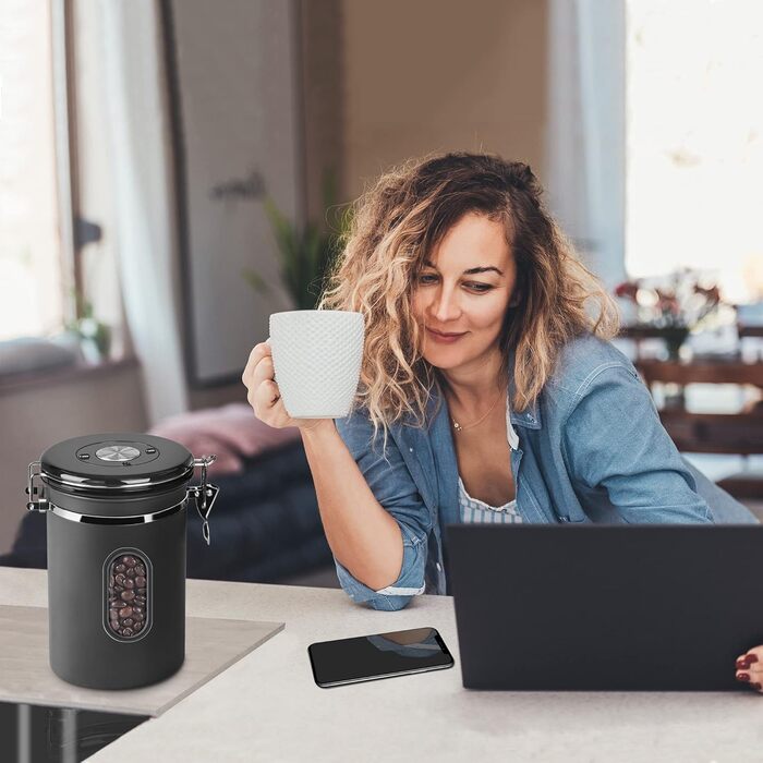 Контейнер для кави Rocky & Chao 1.8L з нержавіючої сталі, герметичний, для кавових зерен, чаю, горіхів, какао (Чорний)