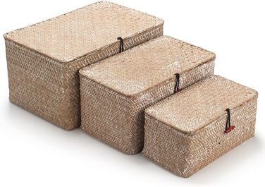 Кошики для зберігання з морської трави з кришкою, 3 шт. (великий, середній, малий), натуральний матеріал, для білизни