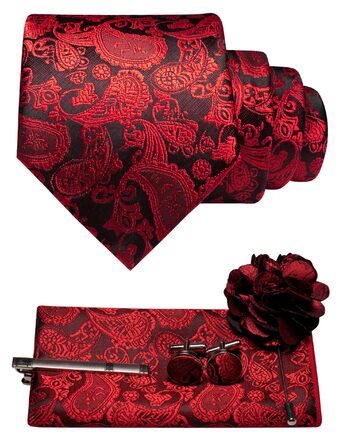 Краватка чоловіча JEMYGINS з нагрудним хустиною, краваткотримачем, брошшю та застібками на манжетах, квітковий принт, червона