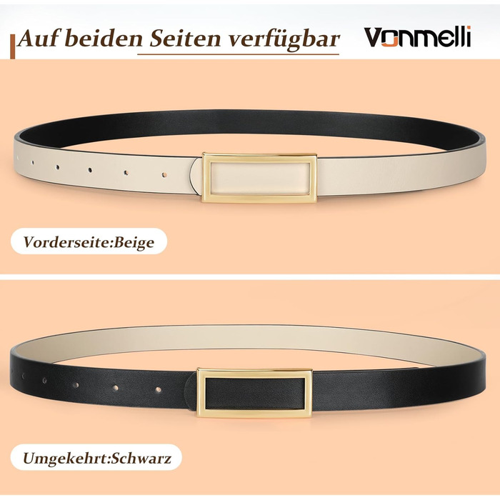 Жіночий ремінь VONMELLI вузький двосторонній шкіряний, чорний/бежевий, 120 см (талія 93-103 см) для суконь, джинсів, штанів із золотою пряжкою