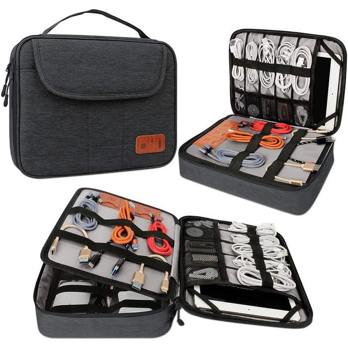 Органайзер для кабелів - сумка-органайзер для подорожей, аксесуари для електроніки, кейс для кабелів (28.5 x 23 x 6 см, чорний)