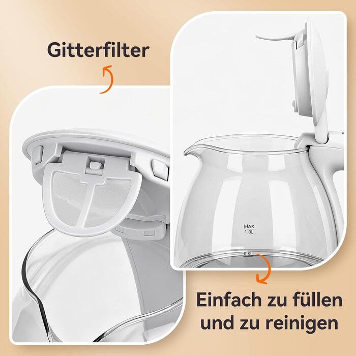 Електричний чайник Aigostar зі скла, 1 л, 2200W, LED-підсвічування, автоматичне відключення, захист від сухого кипіння, BPA Free, білий