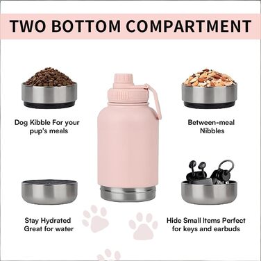 Миска-поїльник для собак 3-в-1 950 мл (Рожева) - для подорожей, з термоізоляцією та мискою, 3-в-1