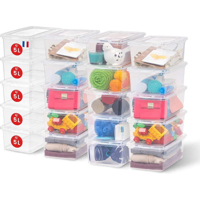 Iris Ohyama Versatile Storage Boxes, 5L, 20-Piece Set, Transparent, Easy-Close Lid, Stackable, For Closet, Shelves, Classroom, Organization, Toys, Art Supplies, Shoes, CNL-5