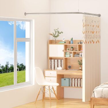 Кутова штанга для душової кабіни L-подібної форми, регульована, з 12 гачками та підставкою для стелі, срібна (99,1 см – 215,3 см)