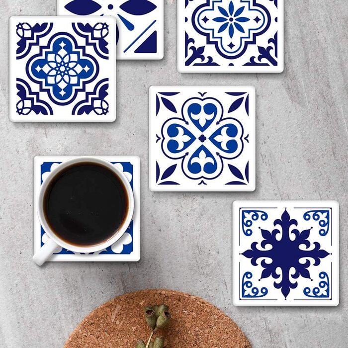 Coasters for drinks, 6 pieces, yellow lemon, fruit, blue ceramic tiles, pattern, absorbent, square, ceramic stone mat, with cork bottom and metal holder, housewarming gift, (Blue Ceramic)