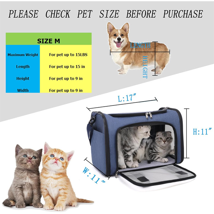 Транспортна сумка для кота/собаки велика, портативна, складна, дихаюча, для подорожей, на 2 котів/собак, світло-чорна