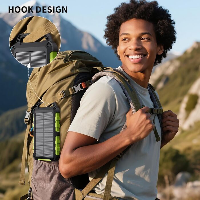 Powerbank сонячний TOENNESEN 26800mAh PD 15W: вологостійкий акумулятор з LED-ліхтариком та 3 виходами USB-C для смартфонів, планшетів, кемпінгу та подорожей (Чорний)