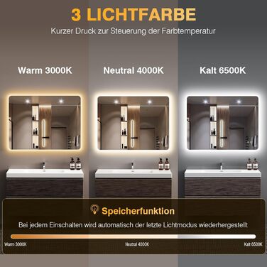 Дзеркало для ванної кімнати з підсвічуванням LED, 100x60 см, 3 кольори світла, диммування, пам'ять, сенсорне керування, IP44, вологостійке