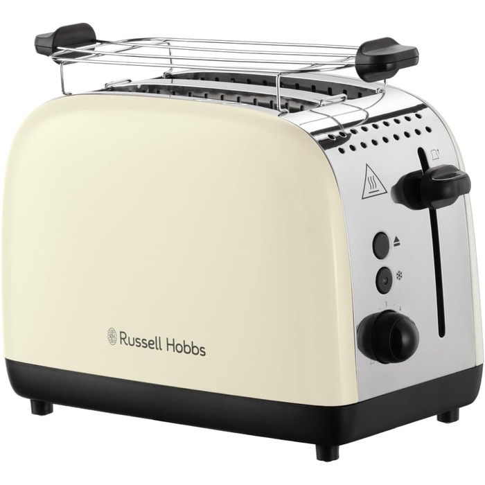 Тостер Russell Hobbs Colours Plus, 2 скибки, нержавіюча сталь, кремовий, широкі відсіки, підставка для булочок, 6 режимів підсмажування, функція розморожування, Lift & Look, 1600 Вт