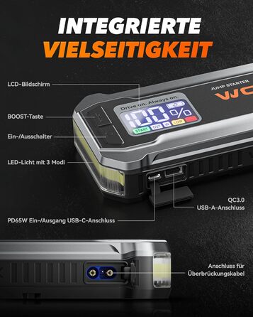 WOLFBOX Powerbank для запуску авто 4000A, 12V, з LED-ліхтарем та великим екраном, для легкових автомобілів, SUV, вантажівок та мотоциклів