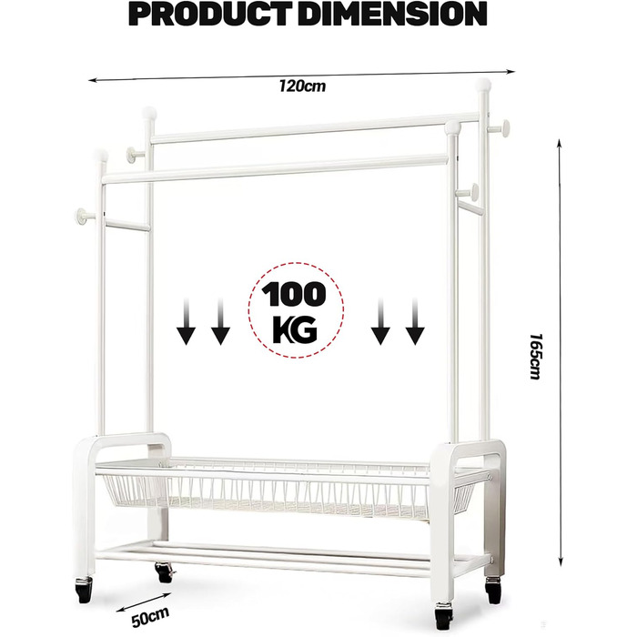 Стійка для одягу на колесах, двоярусна, з двома перекладинами (біла)