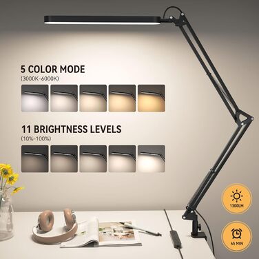 SKYLEO LED Desk Lamp with Adjustable Gooseneck - 80cm Height, 5 Color Modes, 11 Brightness Levels, Timer & Memory Function, 12W, Black - Clamp-On Design