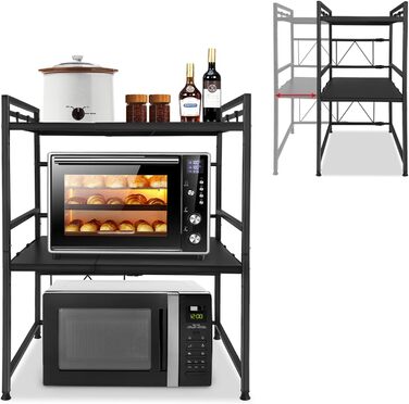 Expandable Microwave Shelf with 8 Hooks, 3-Tier Microwave Stand Freestanding Shelf Microwave Holder Baker's Rack Organizer for Kitchen Countertops, Black
