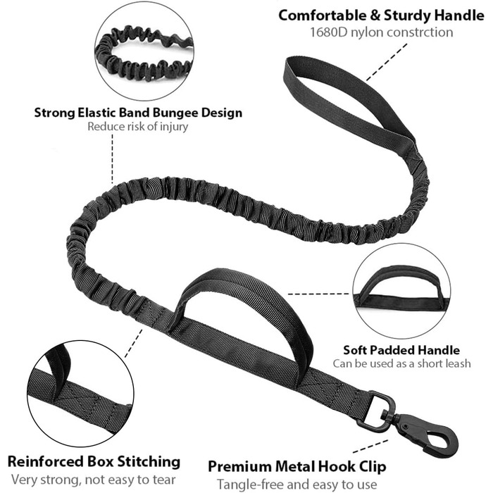Тактичний нашийник для собак з ручкою та поводок, військовий стиль, м'яке наповнення, нейлон, регульований, середні та великі породи, чорний XL