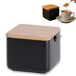 Керамічна цукерниця з ложкою та кришкою з бамбука - цукерниця для дому та кухні, сучасна кругла форма, для цукру, сиру, спецій, 10 x 10 x 9 см (білий)