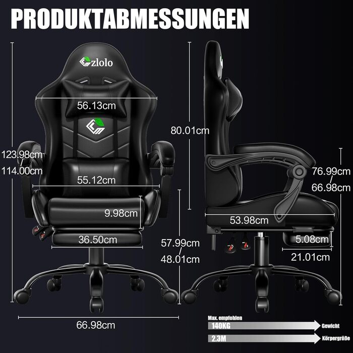 Геймерське крісло Czlolo RGB LED з підставкою для ніг, ергономічне, для комп'ютера, з підголівником та масажем, регульоване по висоті, блакитне (чорне)