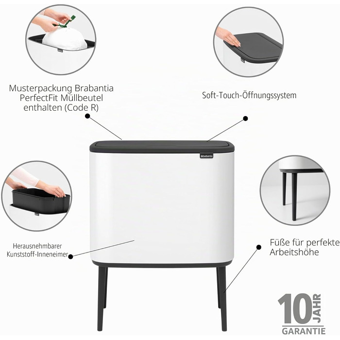 Сміттєвий бак Brabantia Bo Touch Bin 36 л, металевий, білий, з внутрішнім відром (54 x 32 x 68 см)