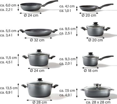 STONELINE Induction Cookware Set, 13-piece cookware set with lids, saucepan set coated with real stone particles, cast aluminum pots and pans suitable for all cooktops