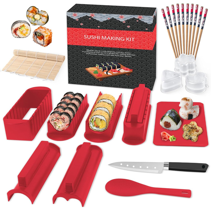 Набір для приготування суші, 20 предметів, для початківців, з формами для ролів, виделкою, ножем, килимком для ролу, палочками, повний комплект (Чорний) (Червоний+тарілка)