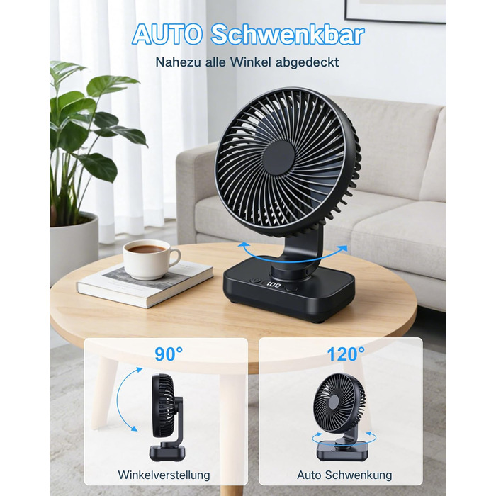 Портативний вентилятор настільний з акумулятором, тихий (30 дБ), 4 швидкості, LED дисплей, USB-C, знімний, для дому та офісу