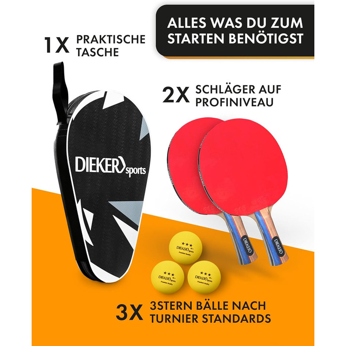 Набір для пінг-понгу DIEKER | 2 ракетки, 3 преміум м'ячі, міцна сумка | Для всієї родини, чорний