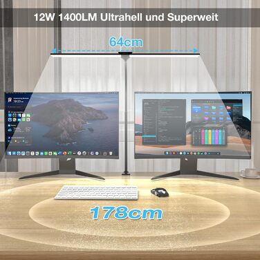 LED лампа настільна для офісу та дому, світло для монітора, 1400 люмен, регульована яскравість, кріплення на кліпсі, світильник для робочого місця, гнусий «лебединий шия», подвійний насадки, 5 режимів кольору та рівнів яскравості, білий колір (чорний, 64 