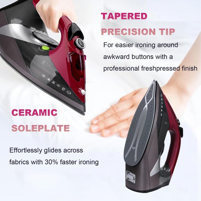 Відпарювач для одягу 3000W з керамічною підошвою - відпарювач з кабелем, самоочищення, резервуар 340мл, автоматичне вимкнення, червоний