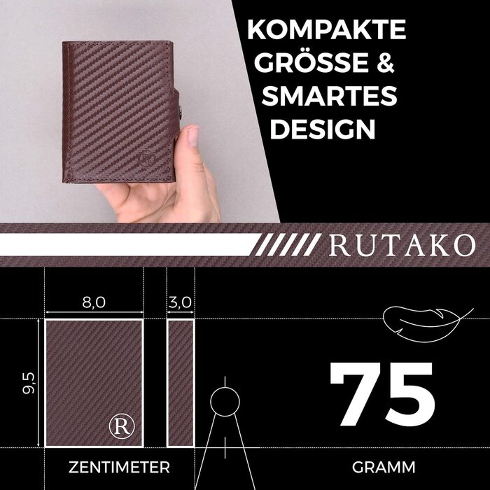 RUTAKO Slim Wallet with XL Coin Pocket & RFID Protection - Card Holder for Men & Women - Small Credit Card Wallet - Mini Purse - Small Portmonee/Portemonnaie - Wallet Carbon Brown