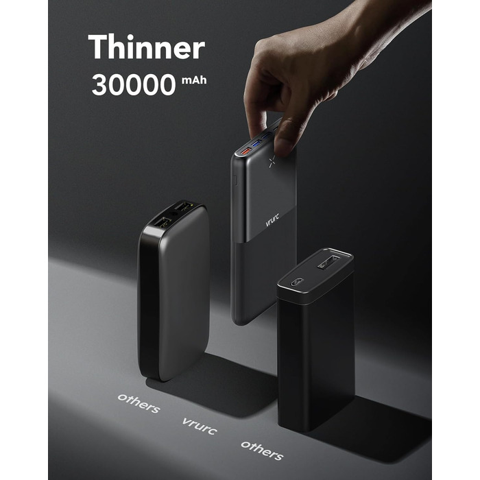 Power Bank VRURC 30000mAh 22.5W з 4 виходами та 3 входами: зарядний пристрій для iPhone, Huawei, планшетів (чорний)