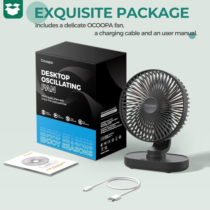 Вентилятор OCOOPA Rotateair: портативний, акумуляторний, 16.5 см, 4 швидкості, тихий (30dB), для дому, офісу, кемпінгу, чорний