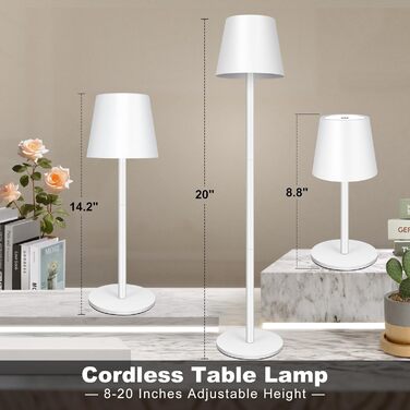 LED настільна лампа акумуляторна бездротова з сенсорним керуванням, USB-C, димування, 3 режими світла, регульована висота, IP54 водонепроникна для ресторану, спальні, бару, вулиці - біла