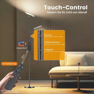 Стійка лампа для вітальні з регулюванням яскравості, 42W LED, 4200LM, з регулюванням кольору 2700K-6500K, з пультом та сенсорним керуванням