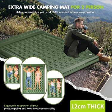 Airminti Self-Inflating Camping Mat - 12cm Thick, Lightweight Air Mattress with Foot Pump & Pillow - Outdoor Sleeping Pad for Camping, Trekking, Beach & Festival - Compact, Army Green (2 Person)