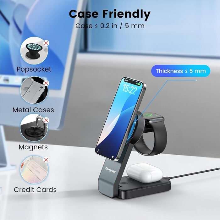 3-в-1 Зарядний пристрій MagSafe: Бездротова зарядка для iPhone 16/15/14/13/12, годинників та AirPods Pro/2/3 - Чорний (15W)