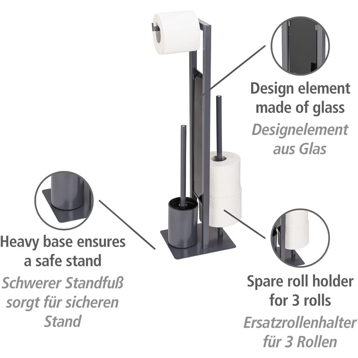 WENKO Stand WC-Garnitur Rivalta, freestanding toilet set with toilet brush, toilet paper and spare roll holder, matt lacquered steel, safety glass splash plate, 18 x 70 x 23 cm, Grey Grey/Black/Black