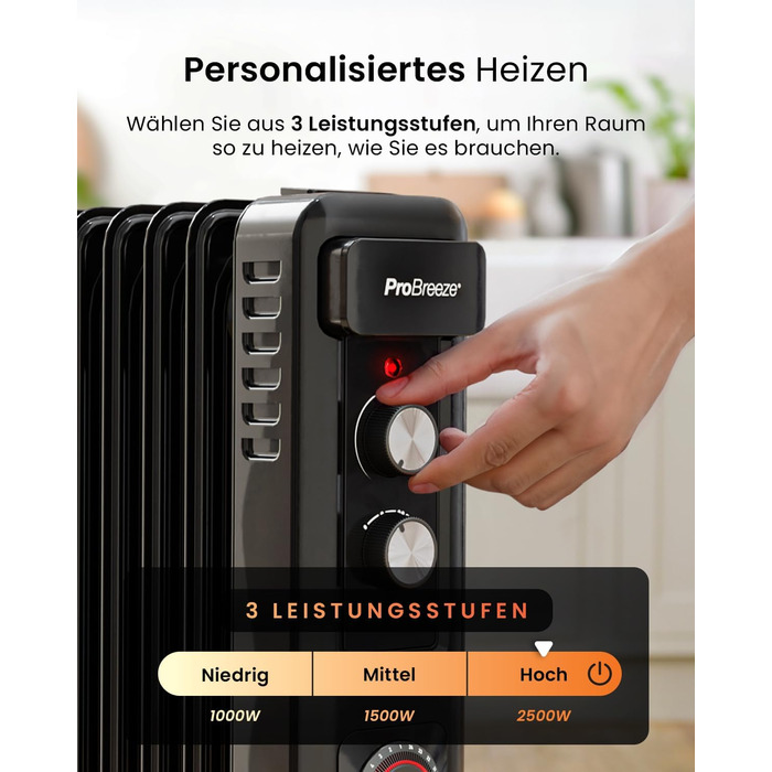 Pro Breeze 2500W Mini Oil Radiator with 11 Fins, Electric Heater, 24h Timer, Energy-Saving Oil Radiator, 3 Heating Levels, Adjustable Thermostat & Safety Shut-off Function - Black