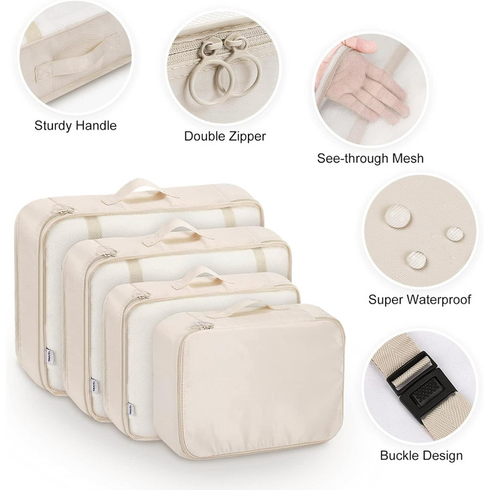 Набір органайзерів для валізи MURISE (8/6 шт.) - кубики для пакування, система організації подорожей, бежевий колір