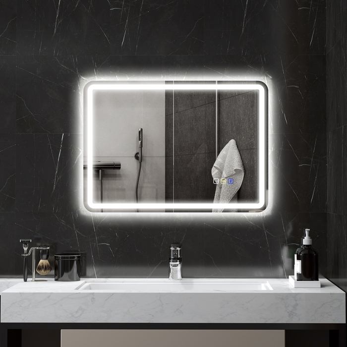 Дзеркало для ванної кімнати HOMCOM з підсвіткою 50x70 см, LED, Bluetooth, сенсорне управління, функція пам'яті, антизапітніюче, 3 кольори світла, срібляне