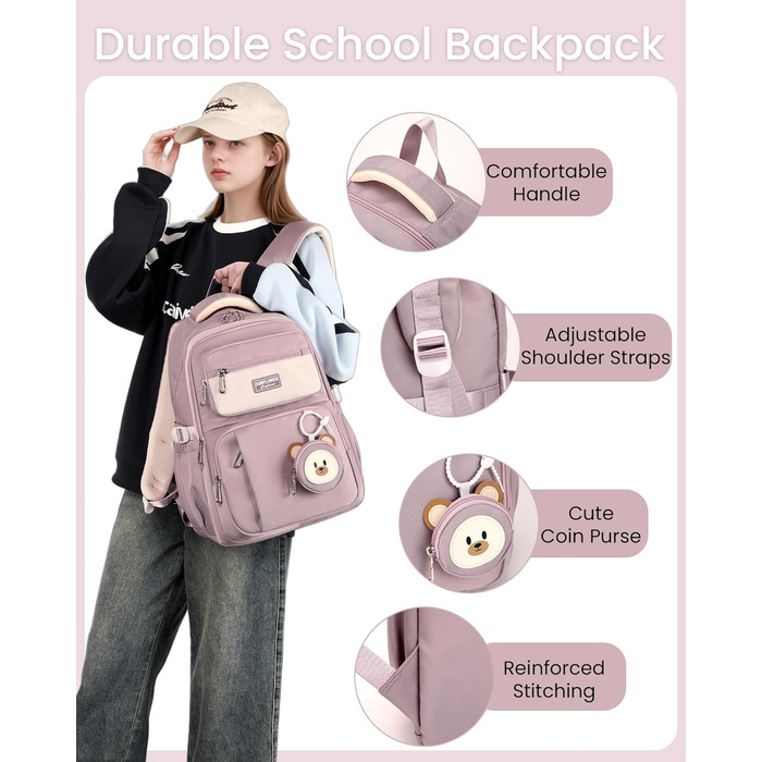 Шкільний рюкзак Makukke для дівчаток, водонепроникний, 30л, для 5 класу, з милим брелоком, зелений