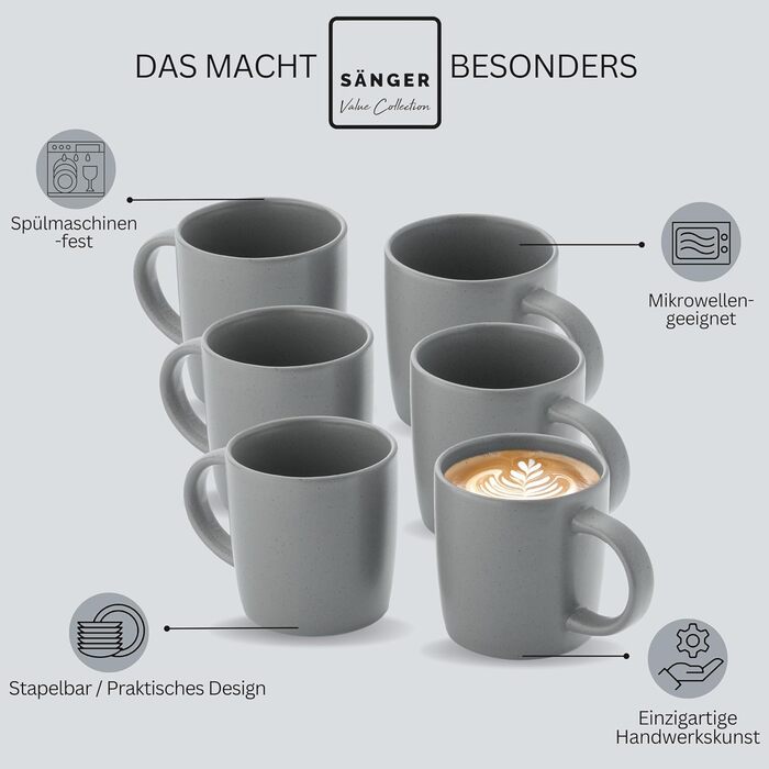 Набір кавових чашок SÄNGER Leeds Shadow 6 шт, кераміка, 380 мл, темно-сірі, для кави та чаю, мікрохвильова піч та посудомийна машина