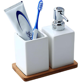 Bathroom Accessories, 3-in-1 Bathroom Set, Soap Dispenser, Ceramic Toothbrush Holder, and Bamboo Tray, Ceramic Material, White, for Bathroom, Sink, Bathtub, Reusable Shampoo
